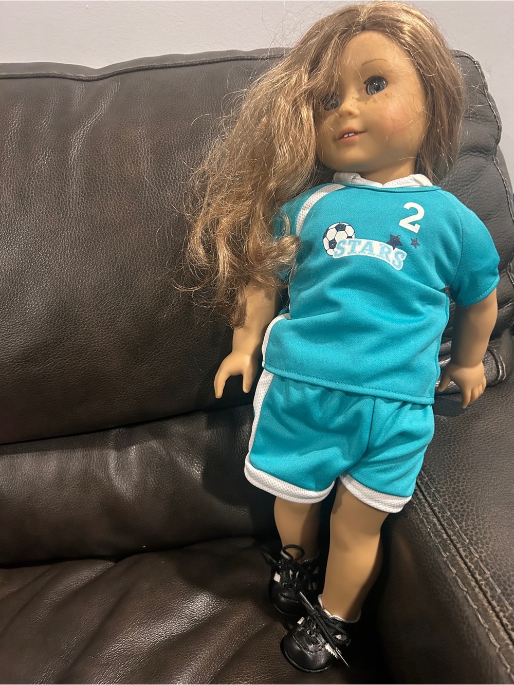 American Girl Teal Soccer Outfit with White Trim